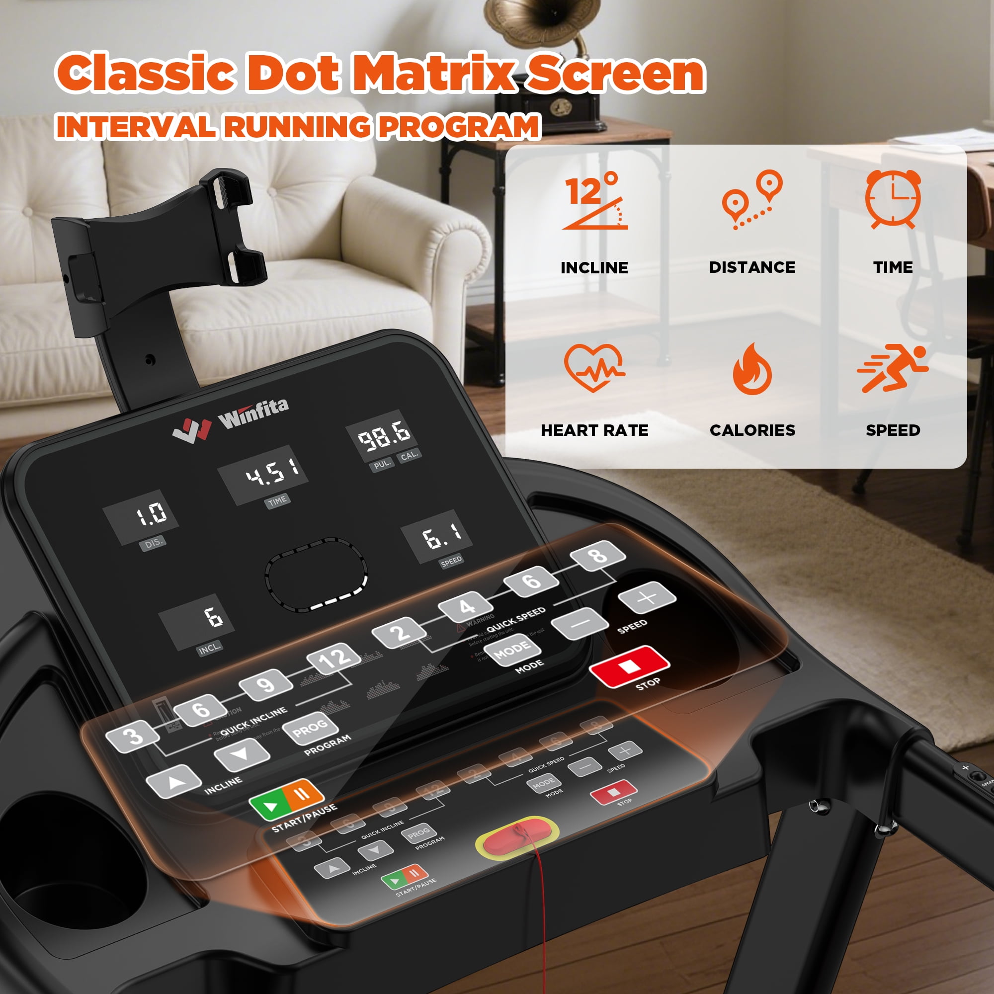 Winfita Treadmills for Home, Treadmill with 0-12% Auto Incline, 3.5HP Folding Treadmills for Running Walking with 300LBS Weight Capacity, Incline Treadmill Equipped with Bluetooth & Pulse Monitor
