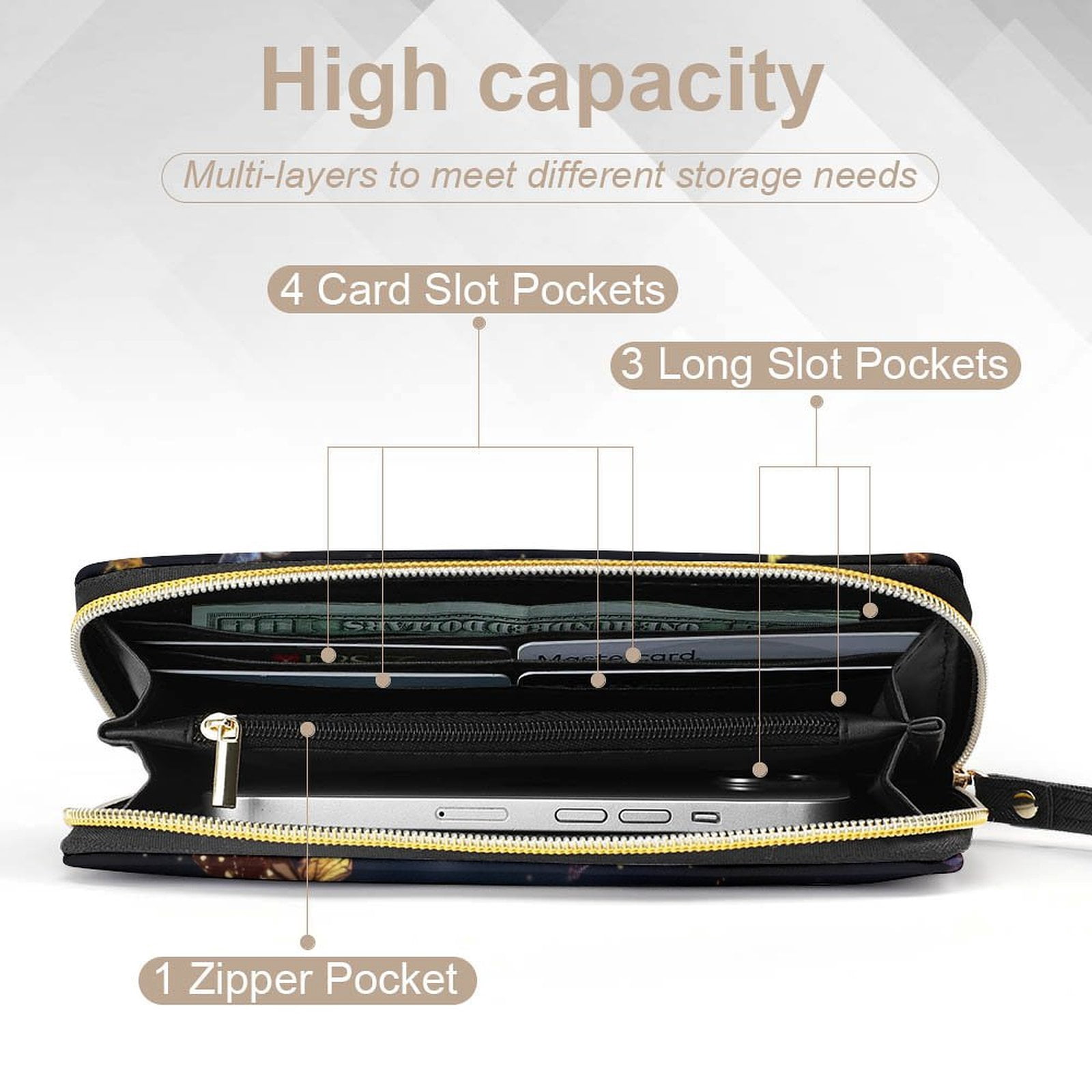 Womens Wallet Bifold Ladies Cluth Bag Wristlet Wrist Strap Long Purse Cosmic Butterfly Design