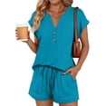 thumbnail image 3 of Women's 2 Piece Lounge Sets Oversized Henley Top & Shorts,Soft Rayon Wrinkle Resistant Travel Outfits with Pockets,Blue XXL, 3 of 8