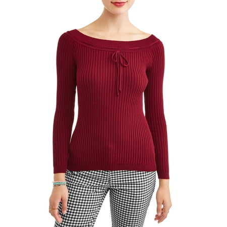 Junior Snowboard Clothing - Juniors' Boat Neck Long Sleeve Rib Knit T-Shirt with Tie Detail