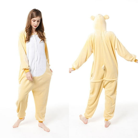 Feancey Animal Onesie for Women Cute Thicken Warm Hooded Jumpsuit Pajamas Winter Fleece Fuzzy Romper Sleepwear Comfy Plush Thermal One Piece Pjs Homewear Yellow L