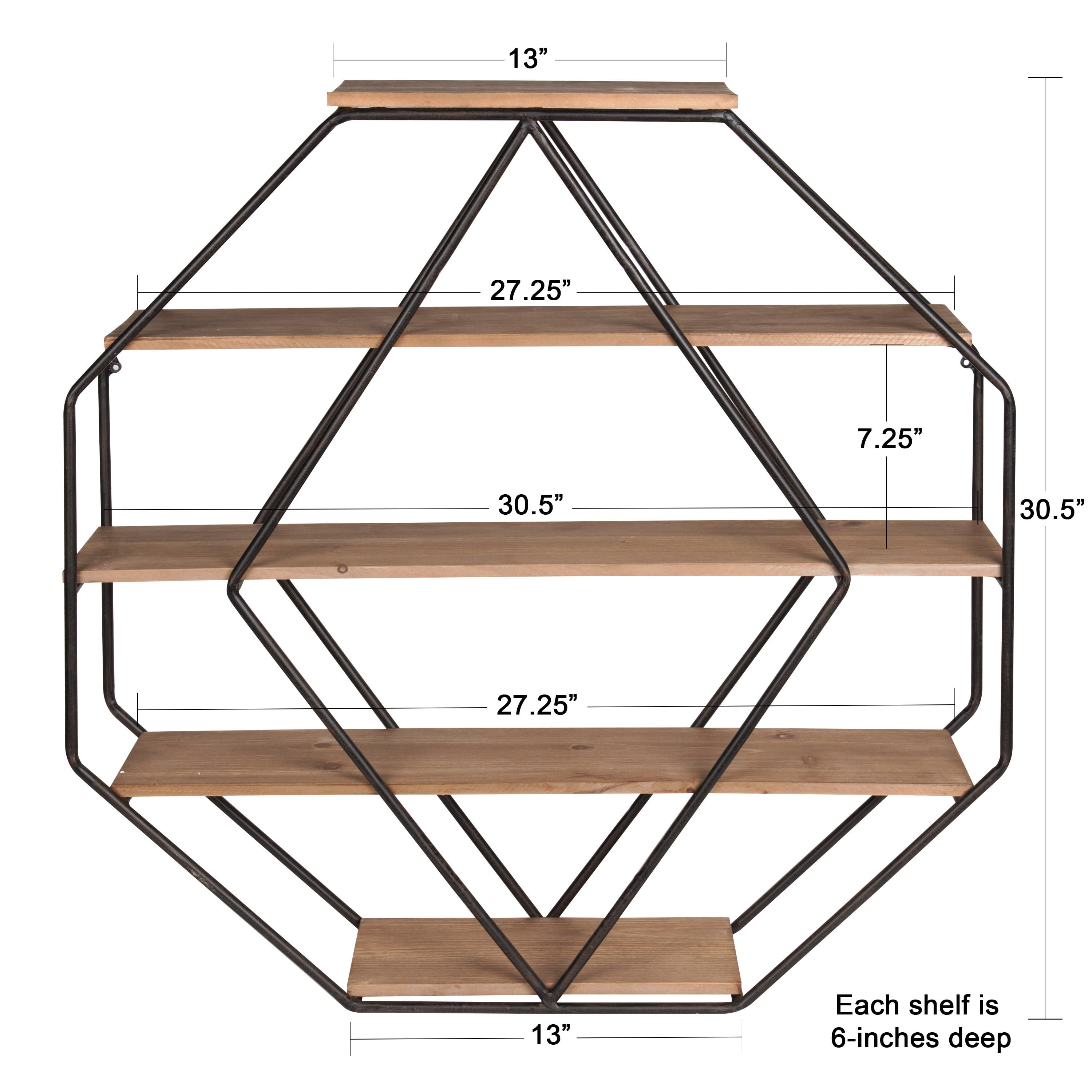 Kate and Laurel Lintz Large Octagon Shaped Floating Wood Book Shelves for Decorative Wall Display, Black Metal Frame with Rustic Brown Shelves
