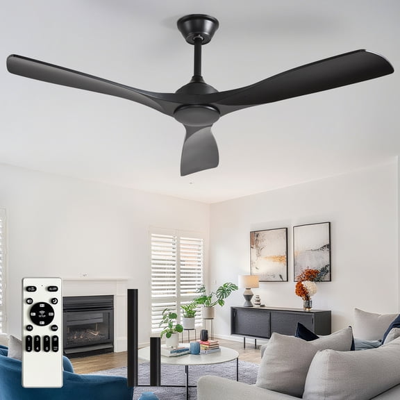 52-Inch Black Ceiling Fan with no Light: Indoor/Outdoor Use Hanging Fan, Remote Control, High Efficiency with Quiet DC Motor, Timer Function