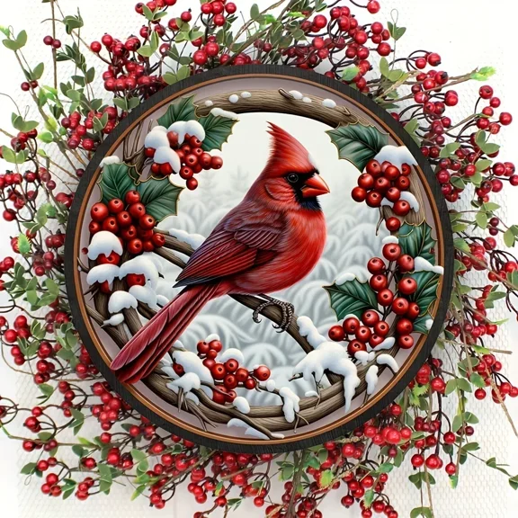 HELLOYOUNG Christmas Tin Sign Holiday Charm Holly Berry Wreath Rustic Metal Wall Art Elegant Bird Decoration for Home Indoor Outdoor