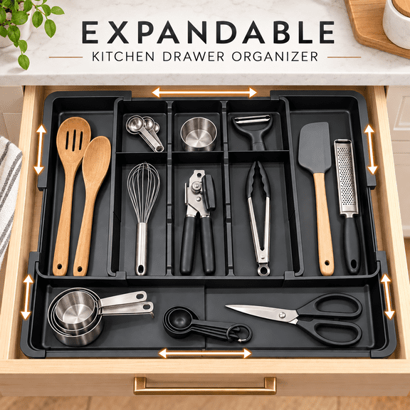 OZERA Large Expandable Utensil Drawer Organizer, Adjustable Plastic Cutlery Flatware Tray, Black Kitchen Drawer Storage Divider for Spatula, Cooking Utensils and Gadgets