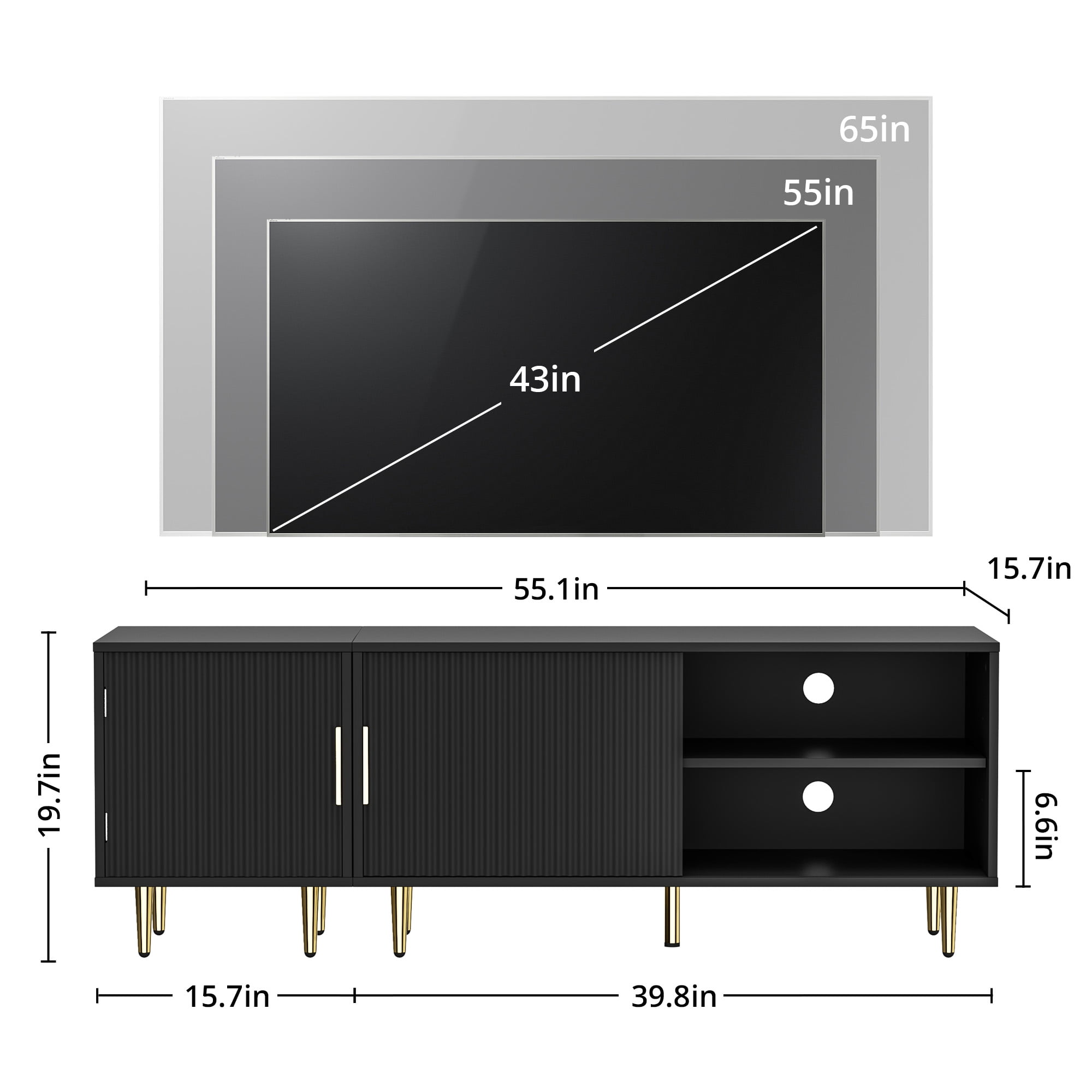 Combined Modern TV Stand For 55/60/65Inch TV,Small Entertainment Center With Adjustable Shelf,TV Media Stand With Storage Cabinet, TV Console With Gold Legs For Living Room,Bedroom,Black