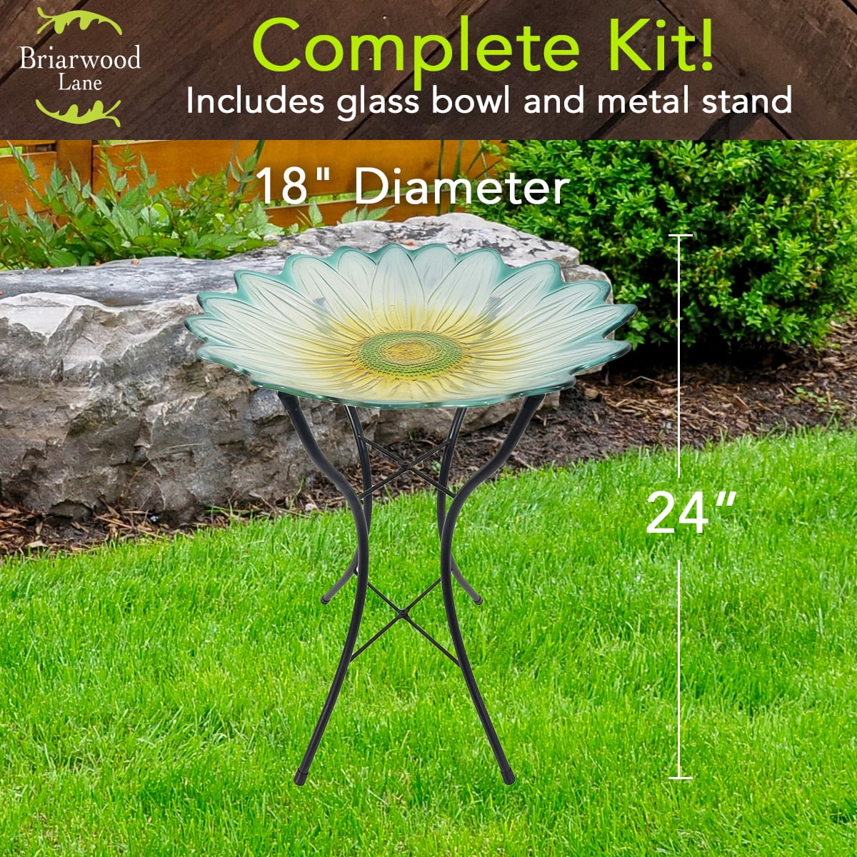 Briarwood Lane Spring Glass Daisy Bird Bath Including Metal Stand For Spring Birdbath