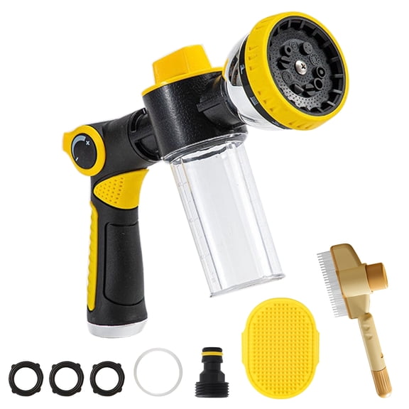 Dog Wash Hose Attachment, 10-in-1 Spray Mode Pet Shower Soap Sprayer with Grooming Comb Rubber Brush, Hose Nozzle with Soap Dispenser