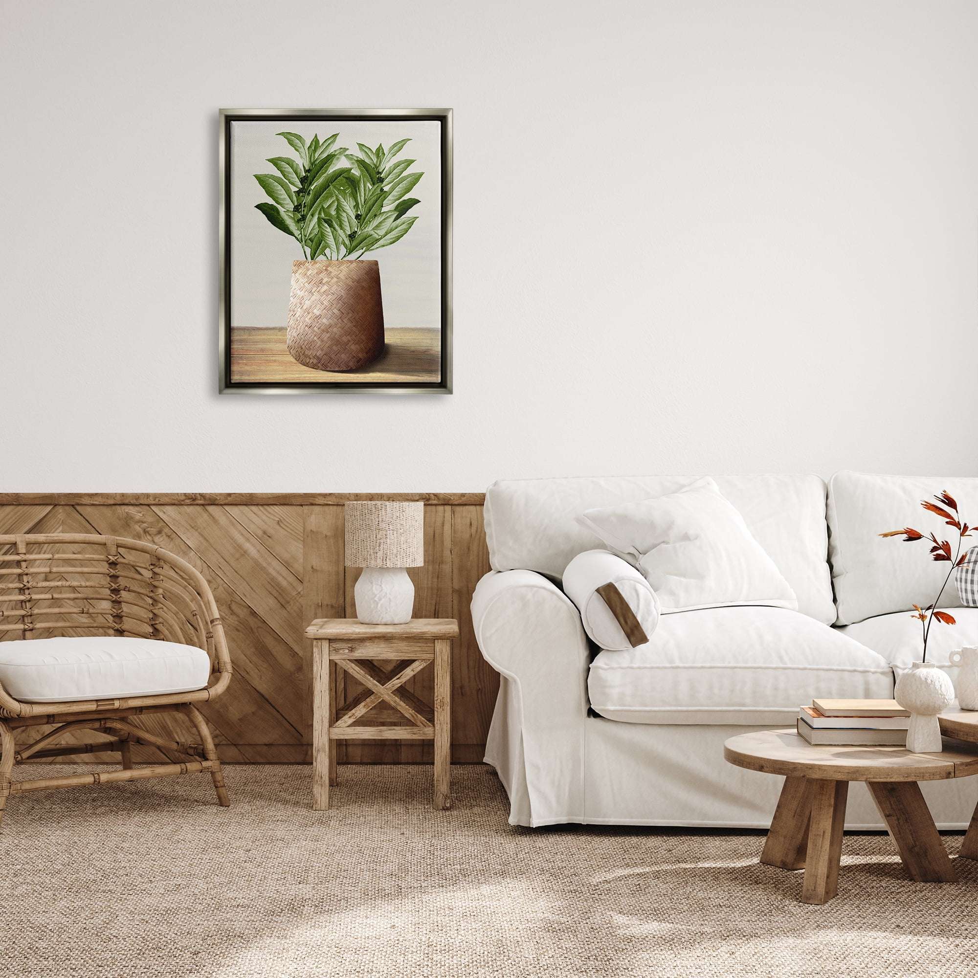 Stupell Industries Greenery in Woven Planter Botanical & Floral Painting Gray Floater Framed Canvas Art Print Wall Art, 25 x 31