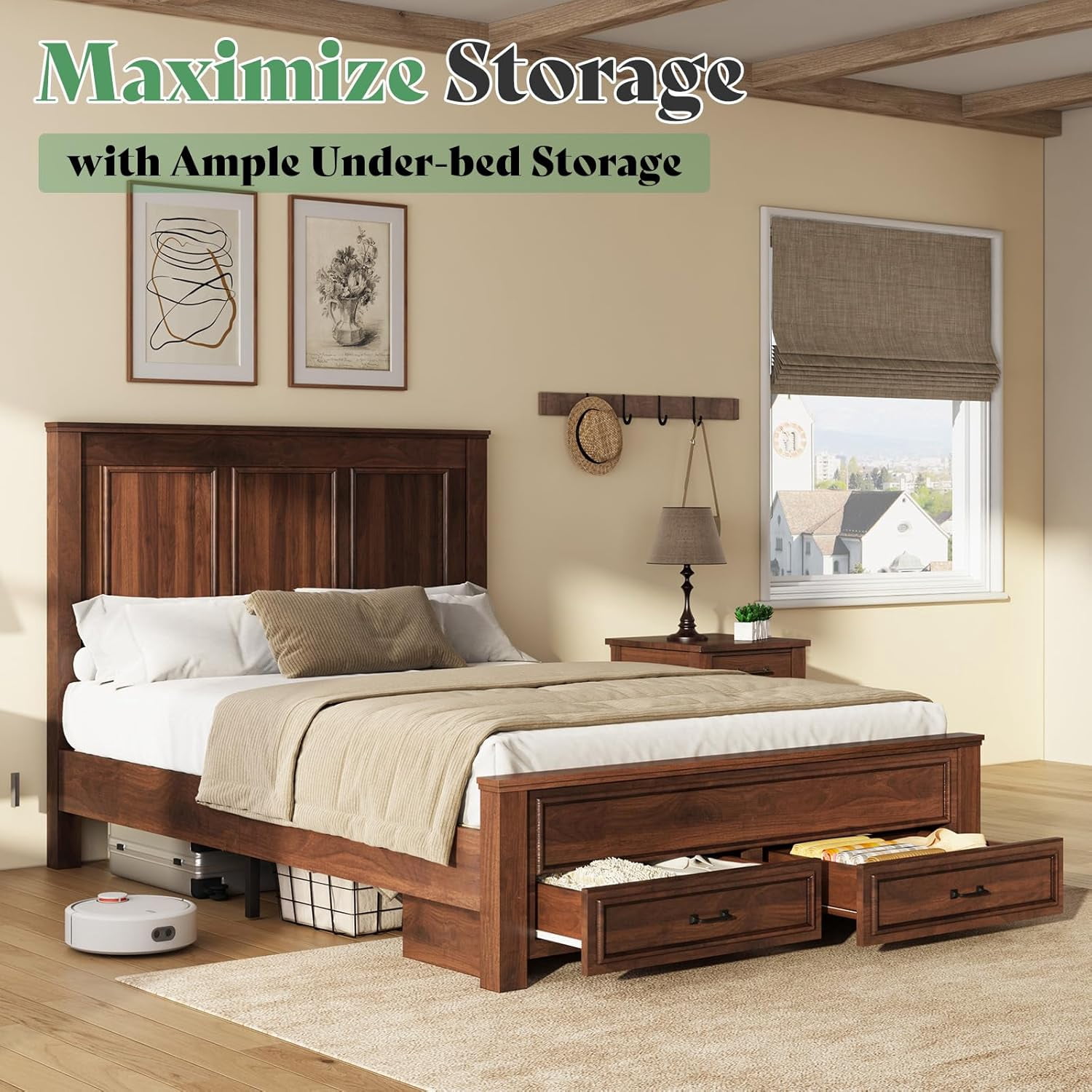 Merluxy Queen Size Farmhouse Bed Frame with 52.2" Wood Headboard & Storage Drawers, Rustic Brown