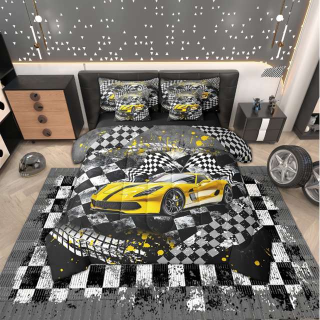 Erosebridal Gold Sports Car Bedding Twin Size, Racing Car Flag Bedding Accessories, Black Yellow Grey, Microfiber 7pcs
