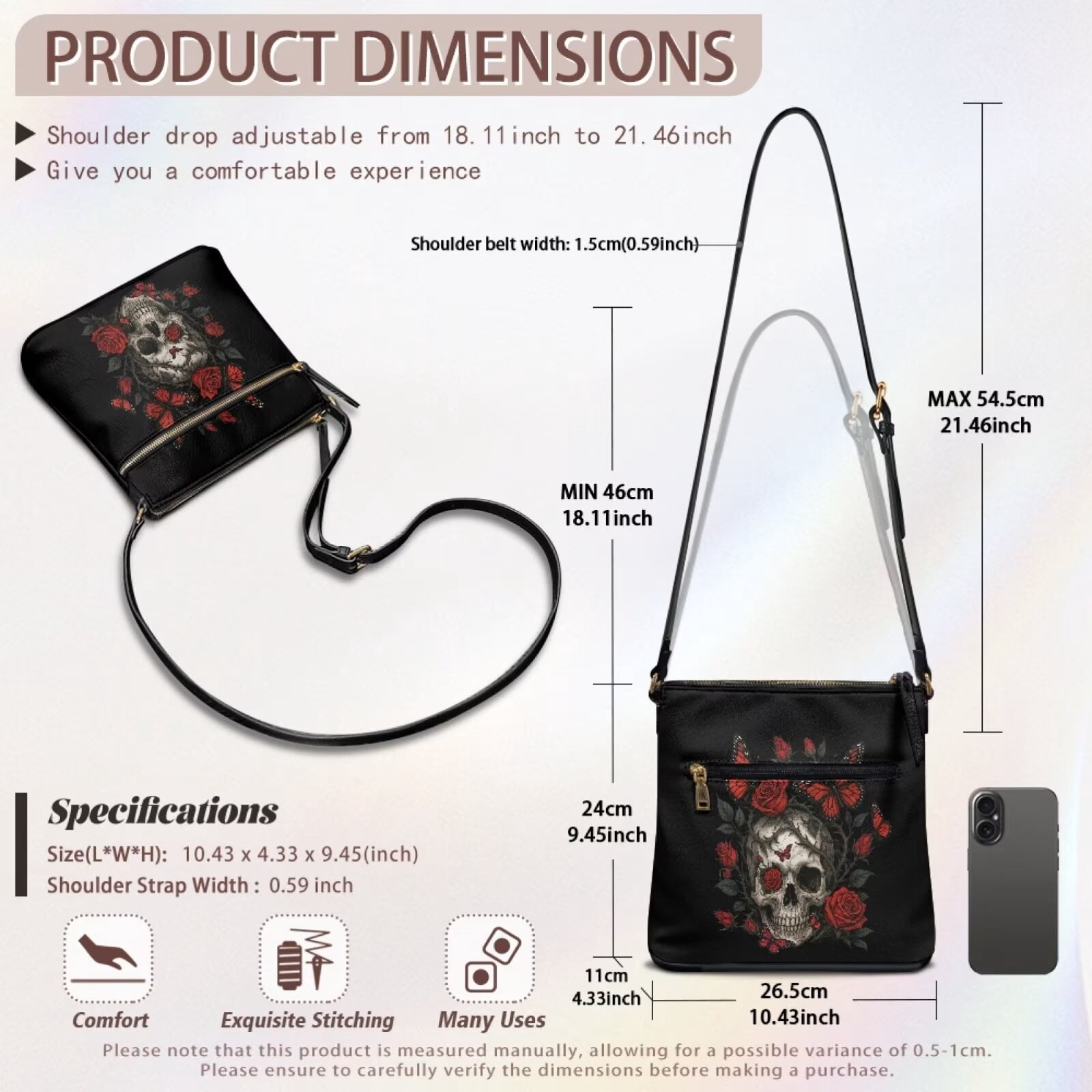 DISNIMO Crossbody Shoulder Bag Skull Butterfly Rose Print Satchel Shoulder Handbag with Zipper Fashion Leather Bucket Bags for Women