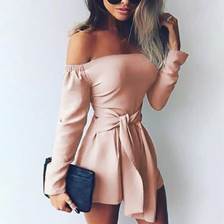 Red Waist - Women's Fashion Pure Color Long Sleeve Sexy Boat Neck High Waist Bandage Jumpsuits Casual Slim Siamese Trousers