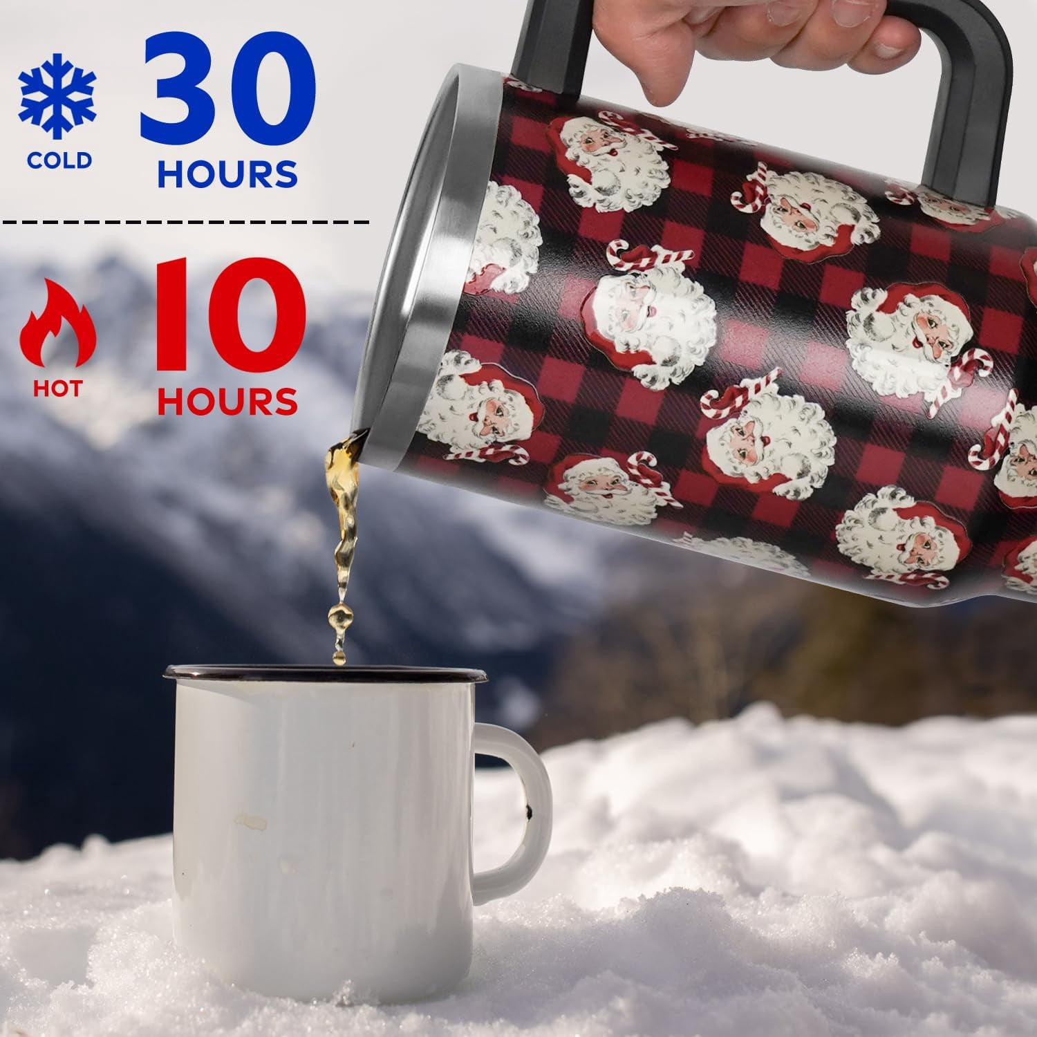 Christmas Santa Red Buffalo Plaid Tumbler with Handle and Straw Lid 40 oz,Cute Christmas Gifts for Women Vacuum Insulated Leak Proof Tumbler,Winter Holiday Accessories Stainless Steel Coffee Cup Mug