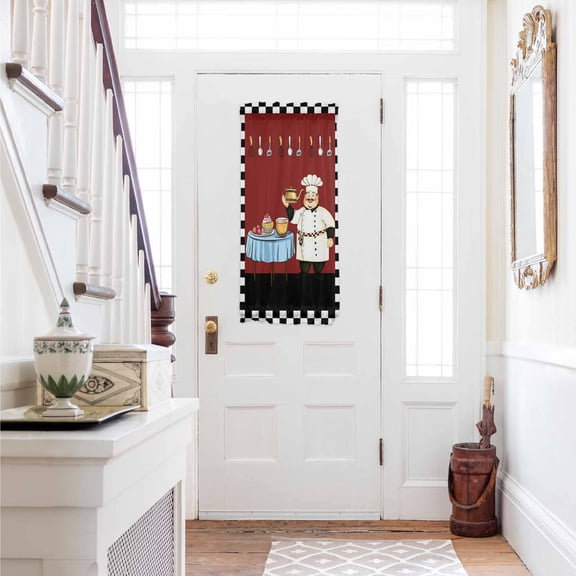 Chef Door Curtains for Door Window, French Sidelight Front Back Door Curtains With Tieback, Cartoon Red Food Cooking Black White Buffalo Check Kitchen Rod Pocket Drapes Panel, 25"x40"