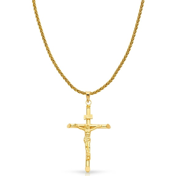 14K Yellow Gold Crucifix Charm Pendant with 1.4mm Round Wheat Chain Necklace