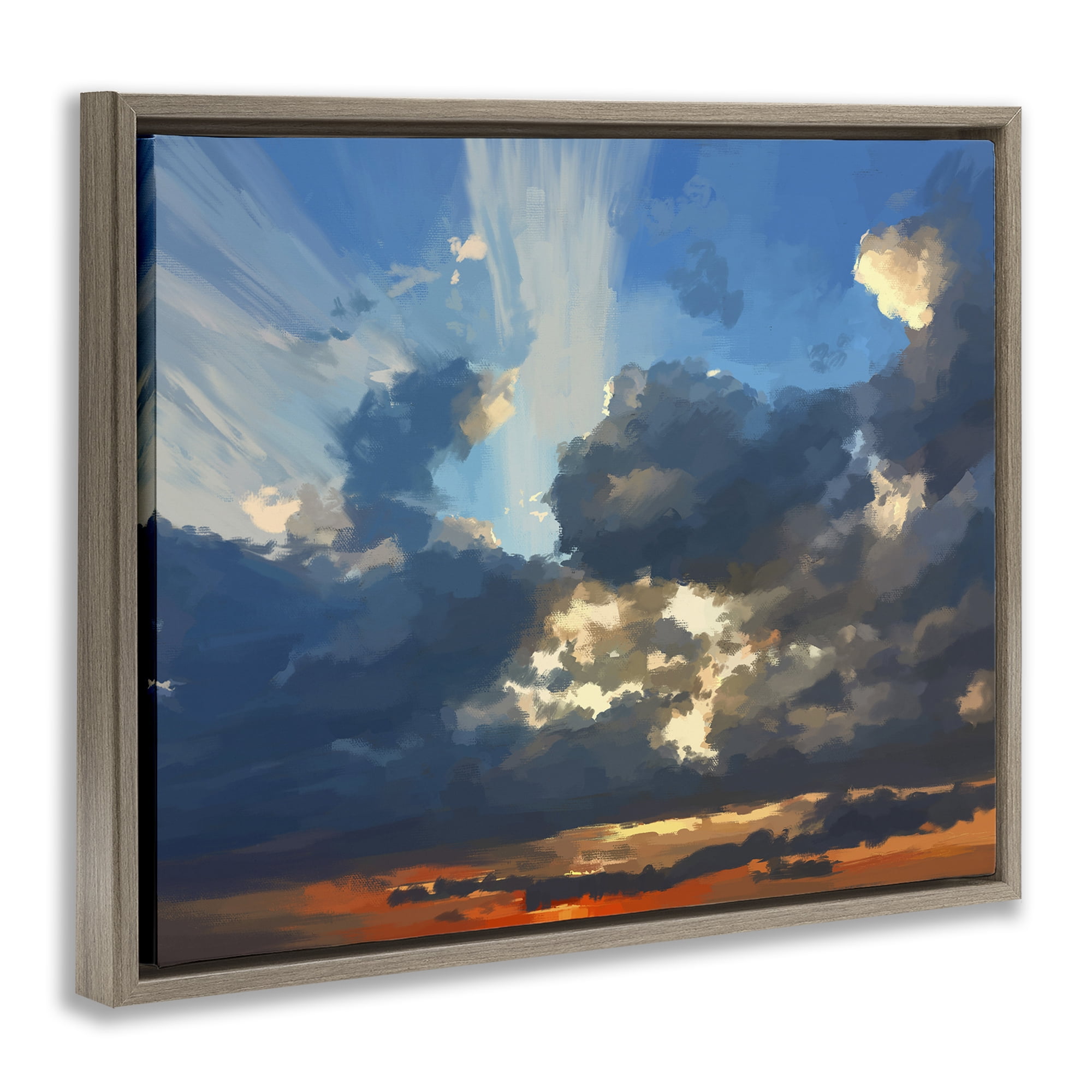 Stupell Industries Sun Rays Through Clouds Landscape & Nature Painting Brown Floater Framed Canvas Art Print Wall Art, 31 x 25