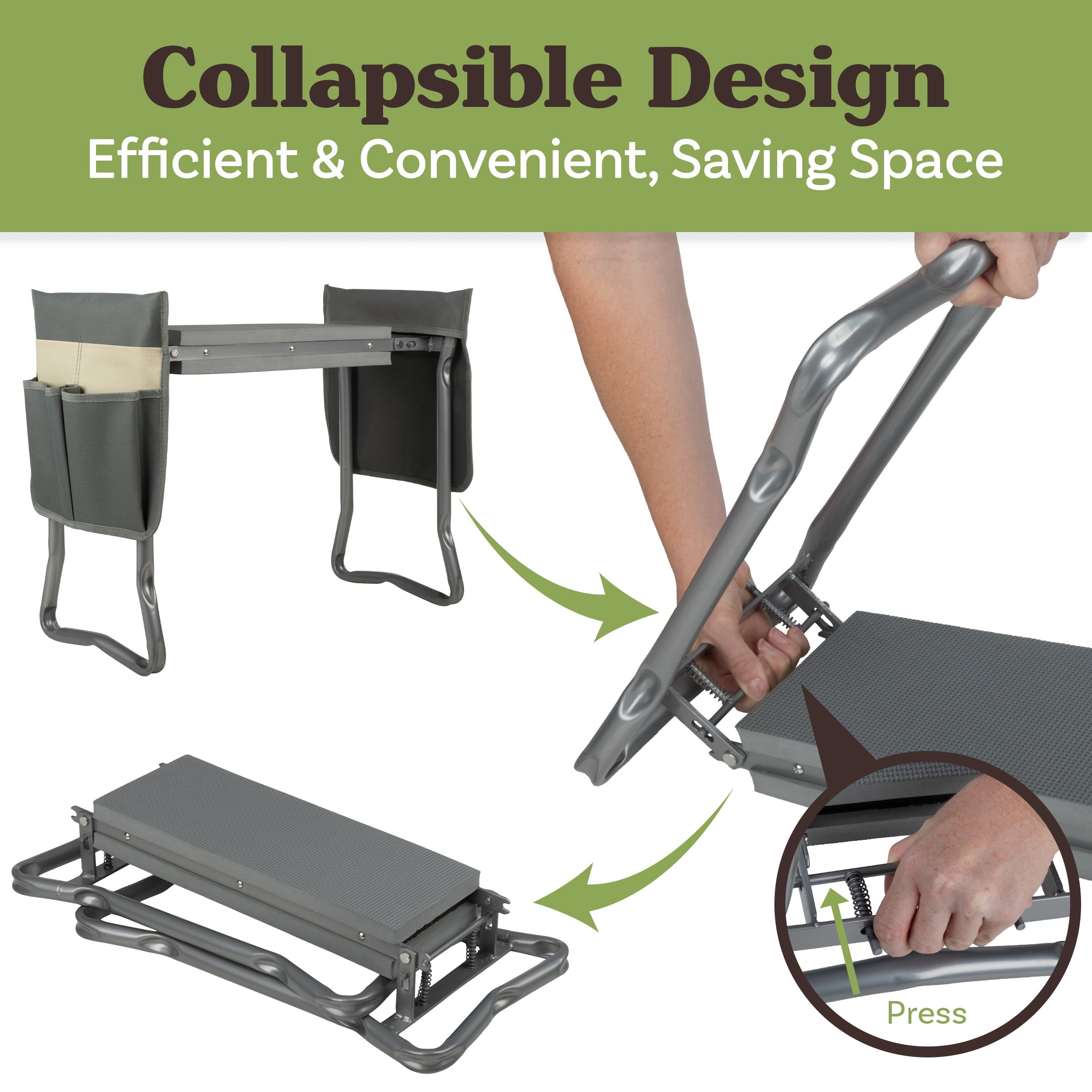 Pure Garden 2-in-1 Garden Kneeler & Stool – Folding Bench with EVA Pad & Tool Pouches, Gray/Tan