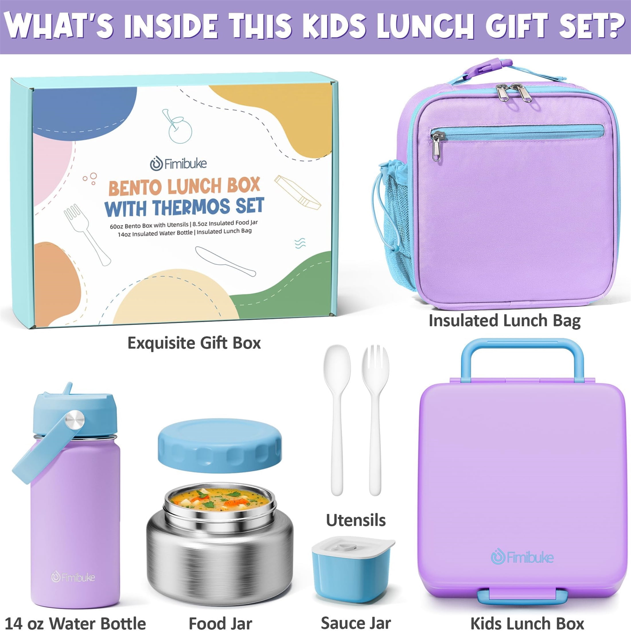 Bento Lunch Box Set for Teen Adult, Lunch Food Container 3-4 Compartment with 14 OZ Water Bottle, Food Jar, Insulated Lunch Bag, Sauce Cup, Utensils, Cotton Candy