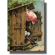 A Woman with Umbrella in Ladies Outhouse Toilet Bathroom Picture Made on Stretched Canvas, Wall Art Decor Ready to Hang!.