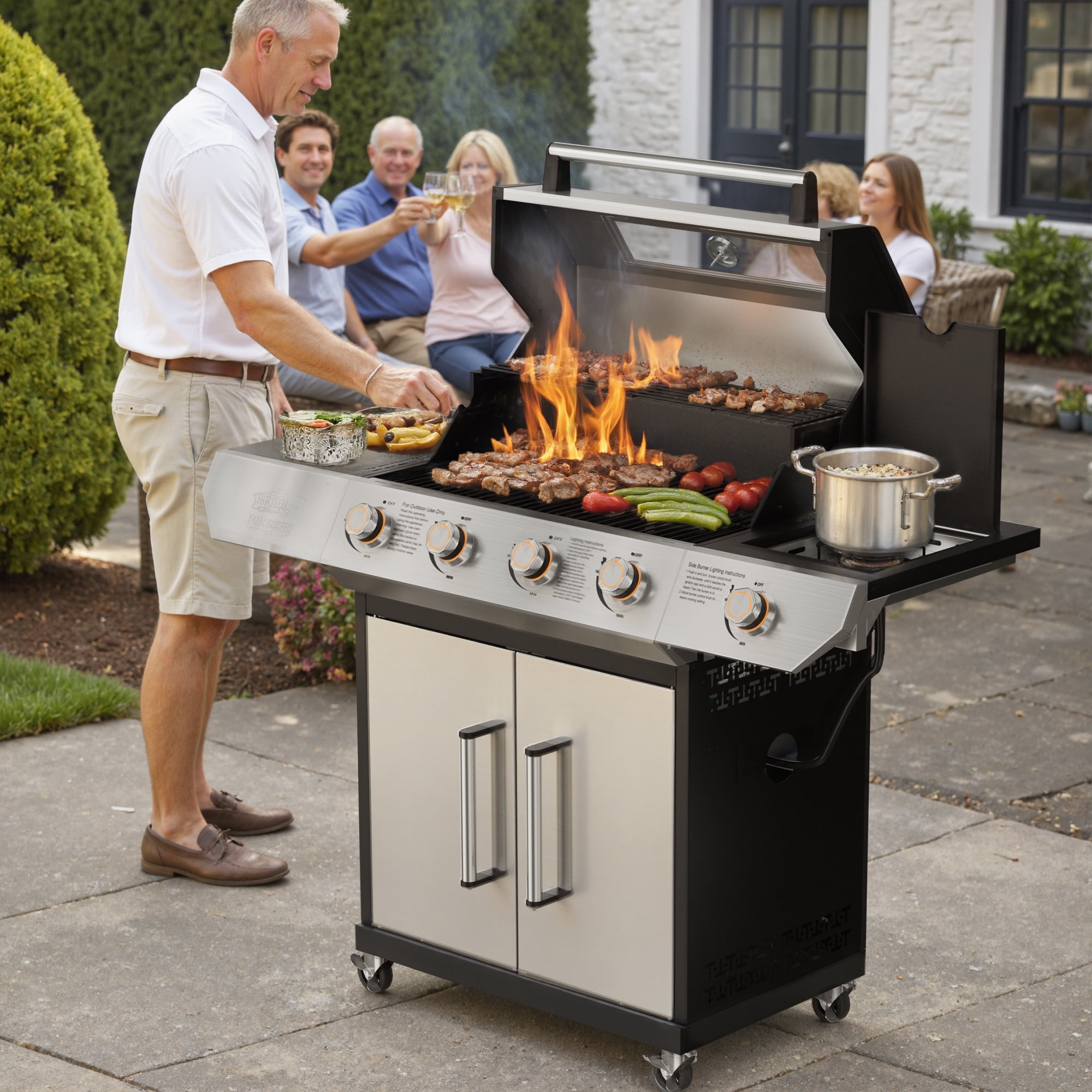 SKOK 4-Burner Gas Grill 60000 BTU, 629 sq in Cooking, LED Knobs, Side Burner, Porcelain Grates, Glass Panel, Outdoor