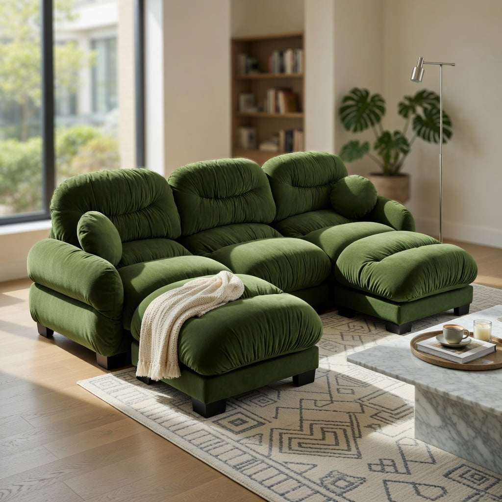 Hommoo Chenille U-Shaped Modular Sectional Sofa with Ergonomic Foam, Curved Armrests, 2 Ottomans & 2 Throw Pillows, 3-Seat Pleated Design, Green