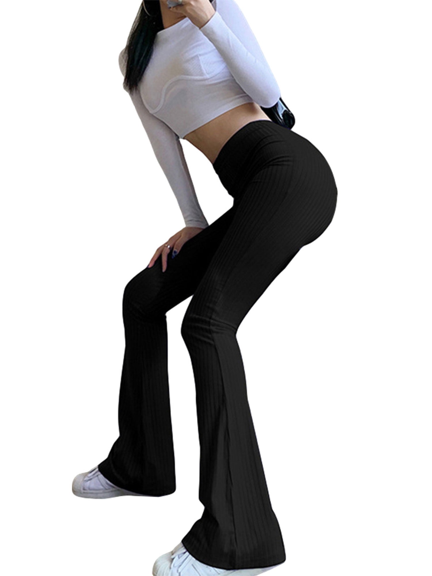 Multitrust Women Sexy High Waist Flare Leggings Solid Trousers Sexy Bodycon  Trousers Fashion Club Pants Casual Elasticity Bell Bottom Pant 