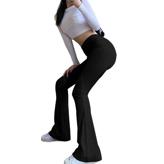 Women Skinny Flared Pants High Waist Ribbed Workout Yoga Legging Stretch Bell Bottoms Streetwear