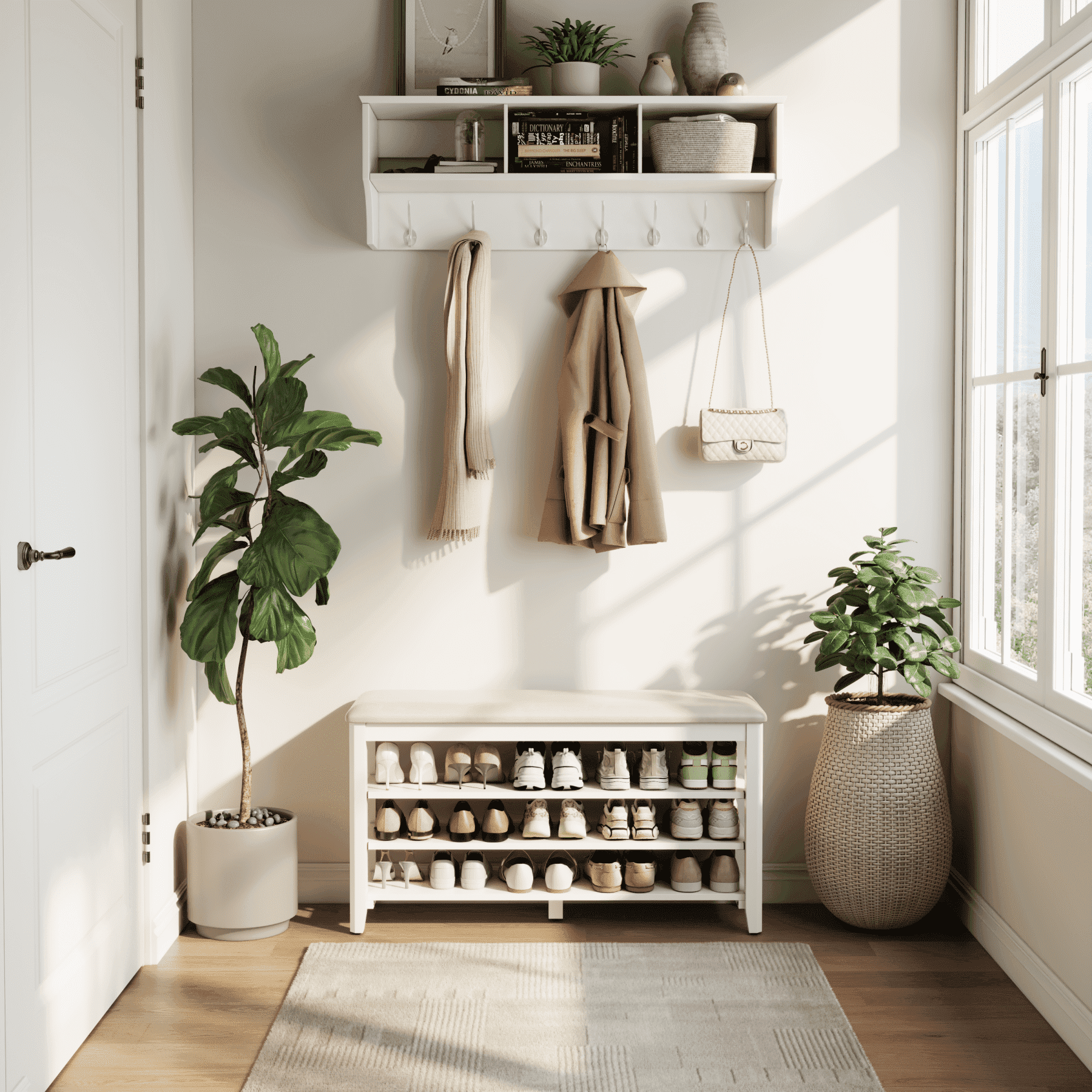 Muwuele 3-Tier Shoe Rack with Leather Cushion, Shoe Organizer Storage with Adjustable Shelves, White Wood Shoe Bench for Entryway, Mudroom, 39.3"W
