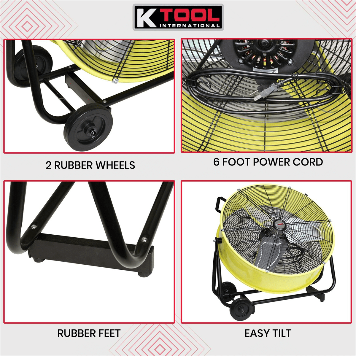 K Tool International 77740 24" Direct Drive Yellow 2-Speed Drum Fan with Wheels