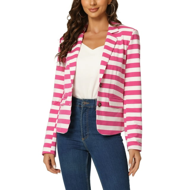 INSPIRE CHIC Blazer à Rayures pour Femme à Revers Cranté, Manches Longues, Boutonné, Rose Vif Blanc m