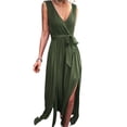 thumbnail image 1 of Txlixc Vestido de mujer de color sólido sin mangas, cuello en V profundo, cruzado, vestido de piernas altas Txlixc  moda, 1 of 7