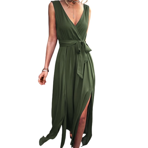 Txlixc Vestido de mujer de color sólido sin mangas, cuello en V profundo, cruzado, vestido de piernas altas Txlixc moda