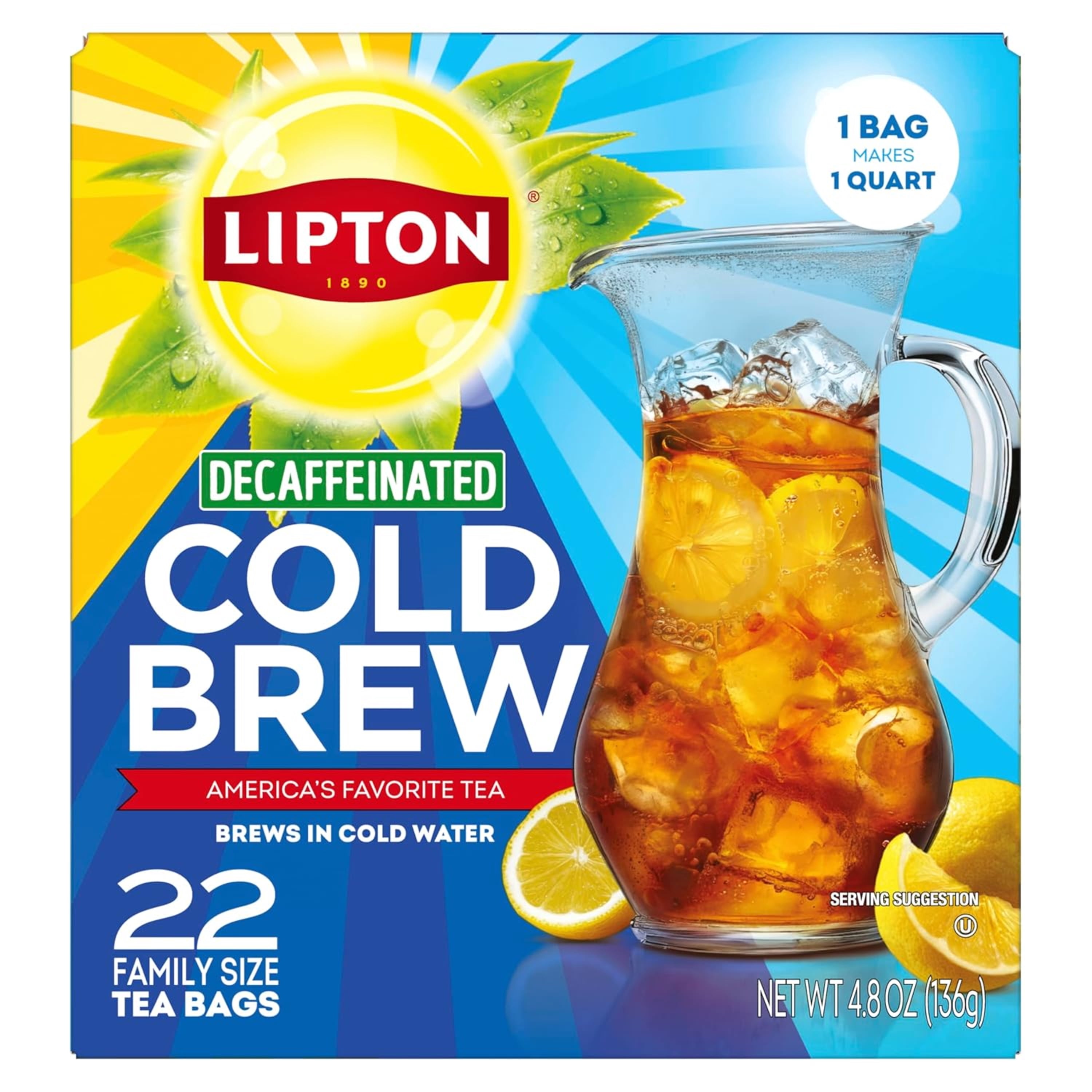 Lipton Decaf Cold Brew Iced Tea Bags, Family Size, No Boil Needed, 22 Bags per Box (Pack of 6, Total 132 Tea Bags)