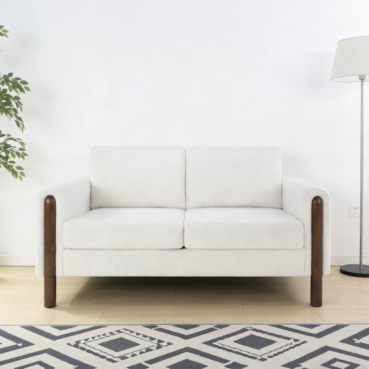 Mid Century Modern 2 Seater Loveseat Sofa Teddy Fabric Upholstered Couch with Walnut Legs and Back Pillows for Living Room Bedroom Office, White