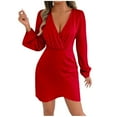 thumbnail image 2 of Antqov Dresses for Women, Solid Color V Neck Long Sleeve Tapered Waist Satin Cocktail Dresses, Daily Party Fashion Cozy Wedding Guest Dress, 2 of 8