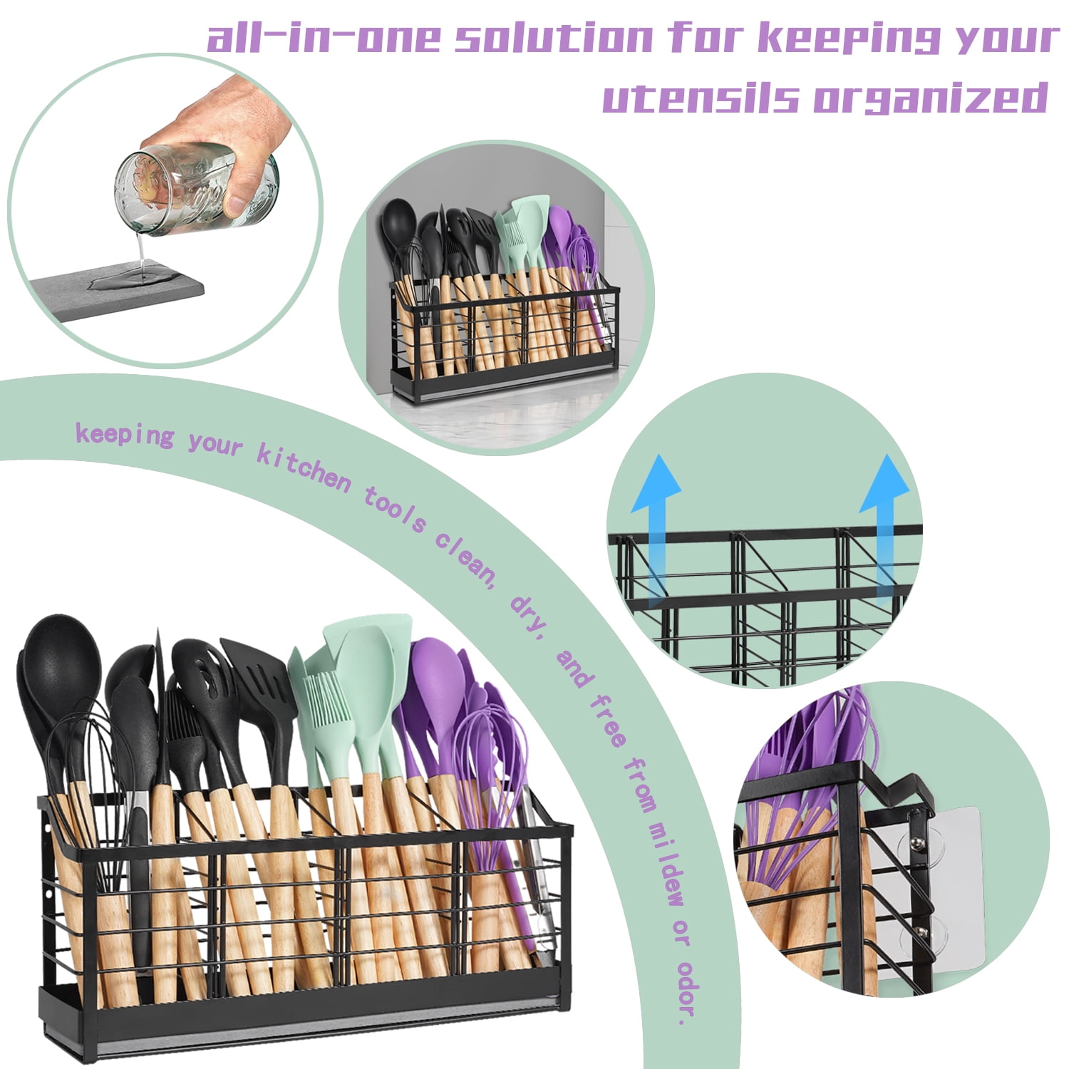 Large Utensil Holder for Kitchen Counter:Kitchen Cooking Utensil Holder Organizer with Diatomaceous Earth Base Matte Black (4 Compartments)