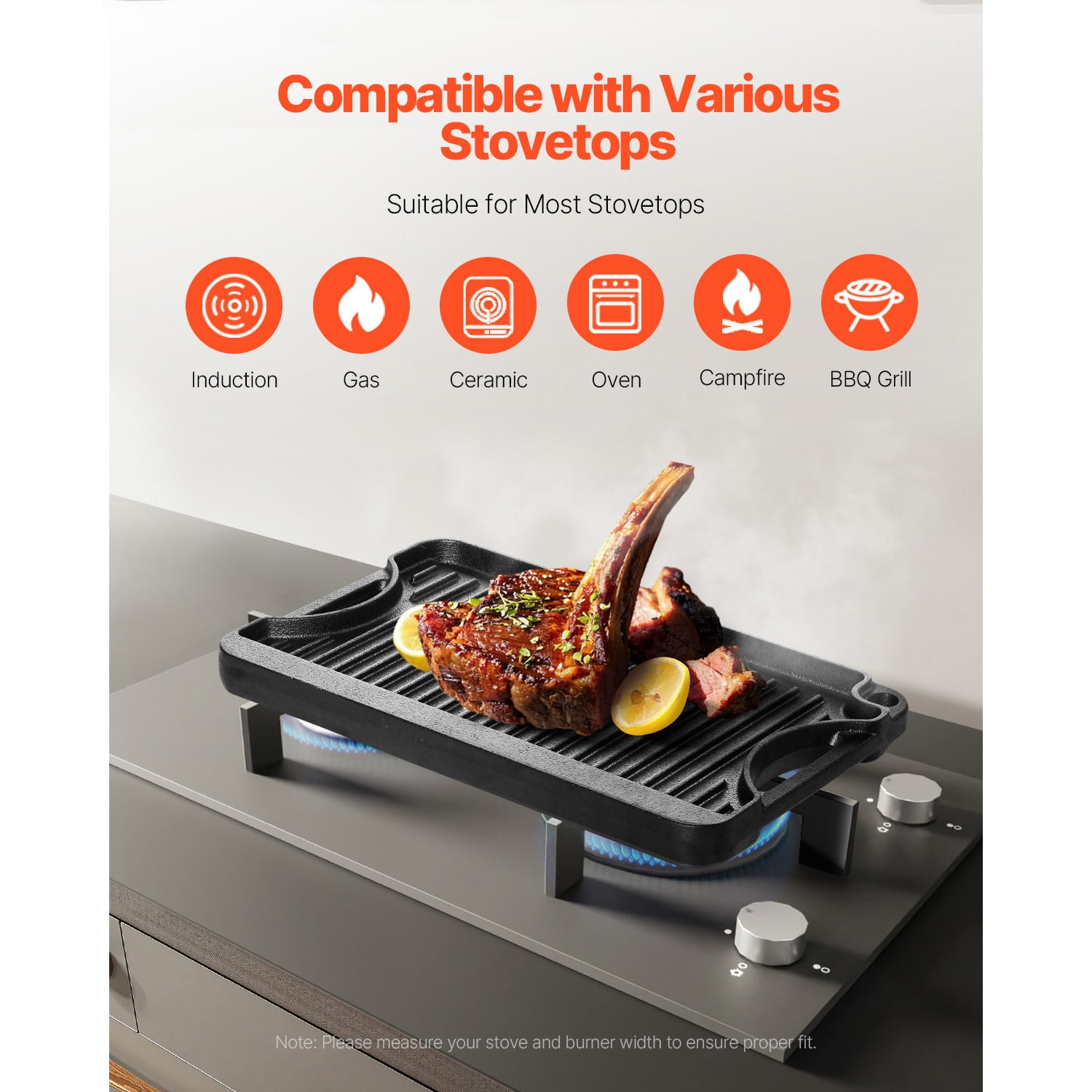 KFFKFF Switchable Grill/Griddle, Cast Iron Pan of 14x8.5 inch, Pre-Treated, Compact Square Pan with Grip, Household Utensils for Indoor/Outdoor Cooktop, Gas, Campfire Barbecue, Color - Black