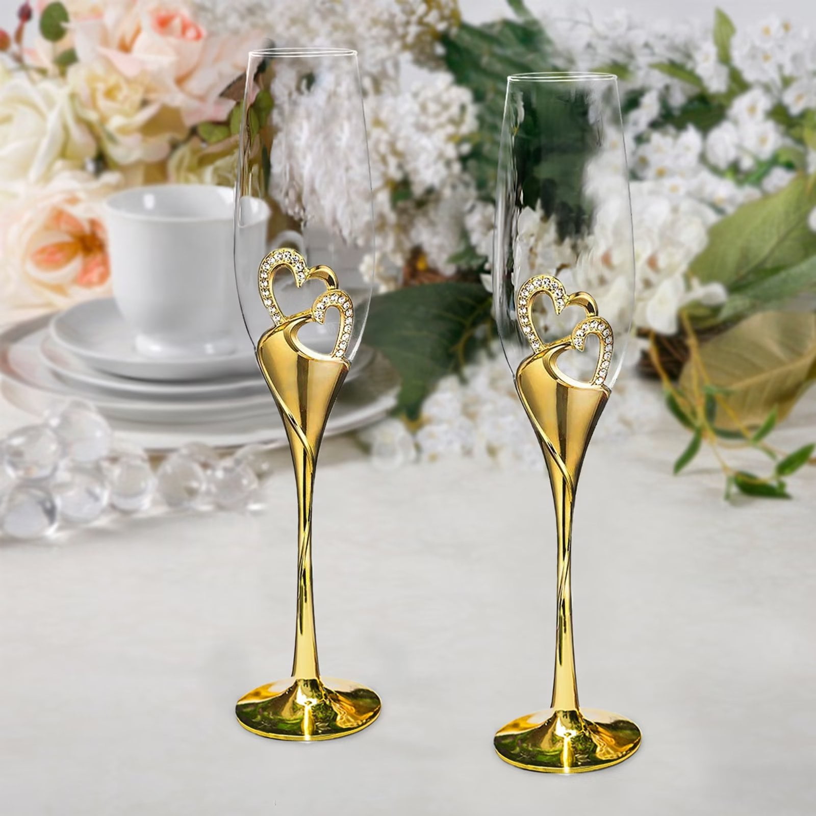 Glasseam Wedding Champagne Flutes Set of 2 Gold Toasting Glasses for Bride and Groom
