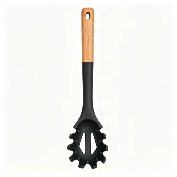 Gray Silicone Pasta Fork with Wooden Handle, Heat Resistant Noodle Spoon Server for Spaghetti, 12.6 Inch