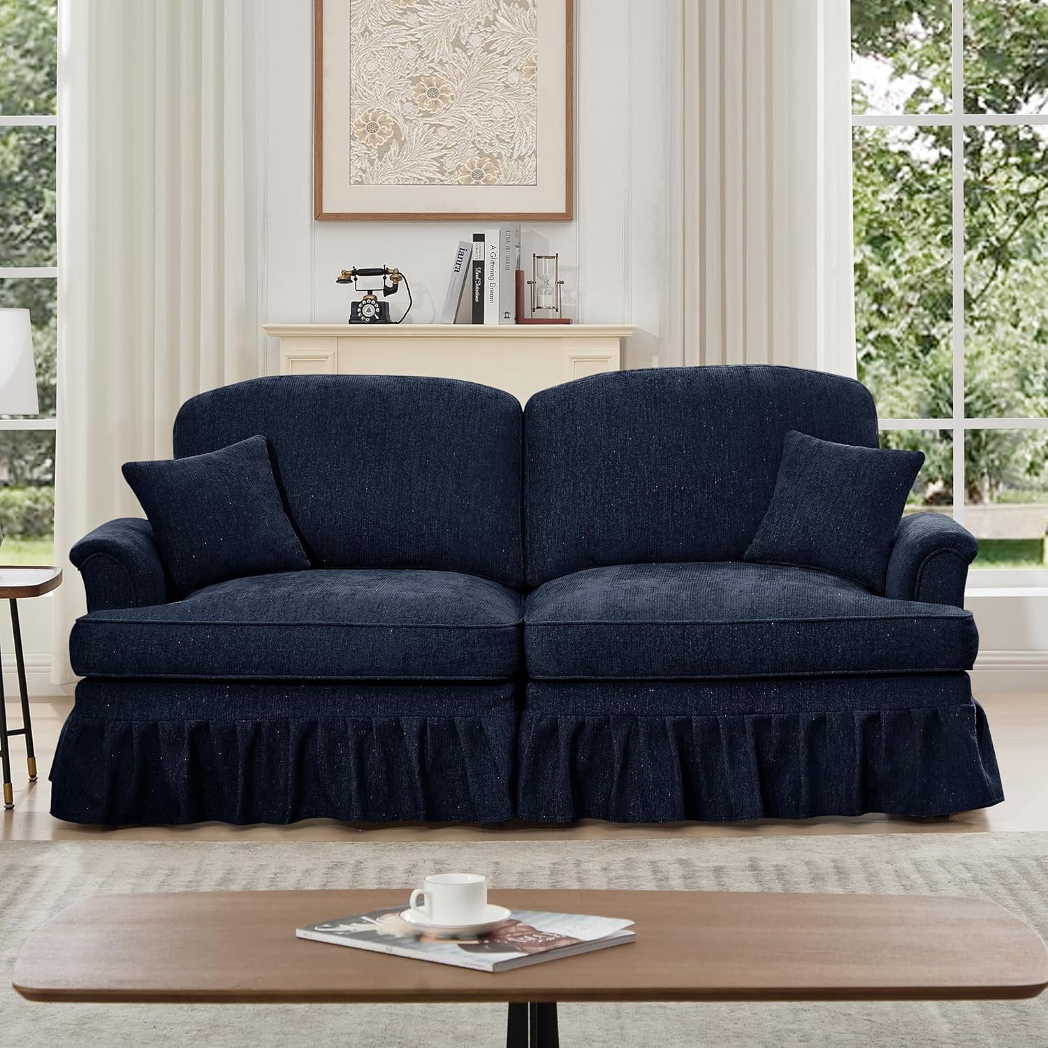 Mid Century Chenille Sectional Sofa, 2 Seat Couch Loveseat with Flared Arms, Removable Ruffles Pleats Skirts, Deep Seat Sofa for Living Room, Blue