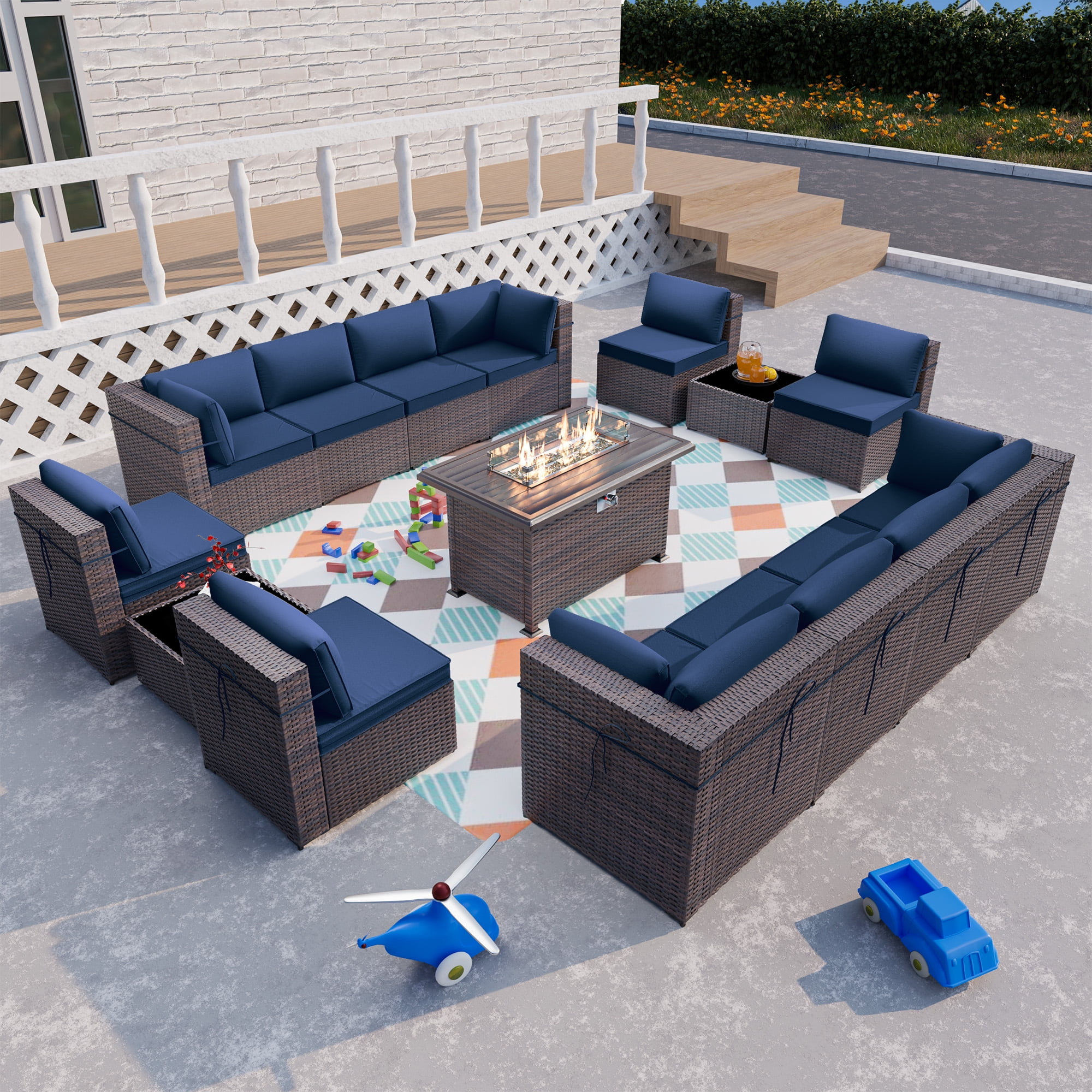 ALAULM 15 Piece Outdoor Patio Furniture Sectional Sofa with Gas Fire Pit Table and 55,000 BTU Firepit, Navy Blue/Brown
