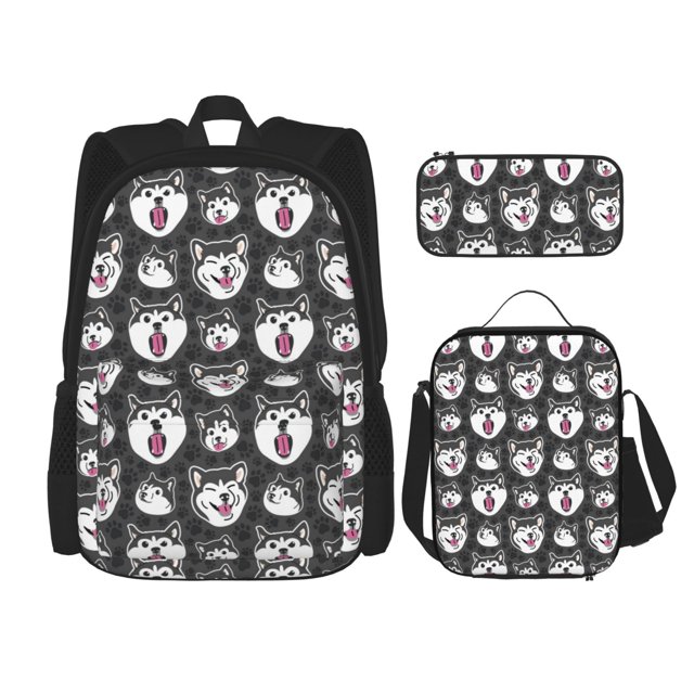 Easygdp Husky Mochila para Niños y Niñas con Set de Caja de Almuerzo y Estuche para Lápices 3 en 1, Mochila Escolar Estampada para Adolescentes