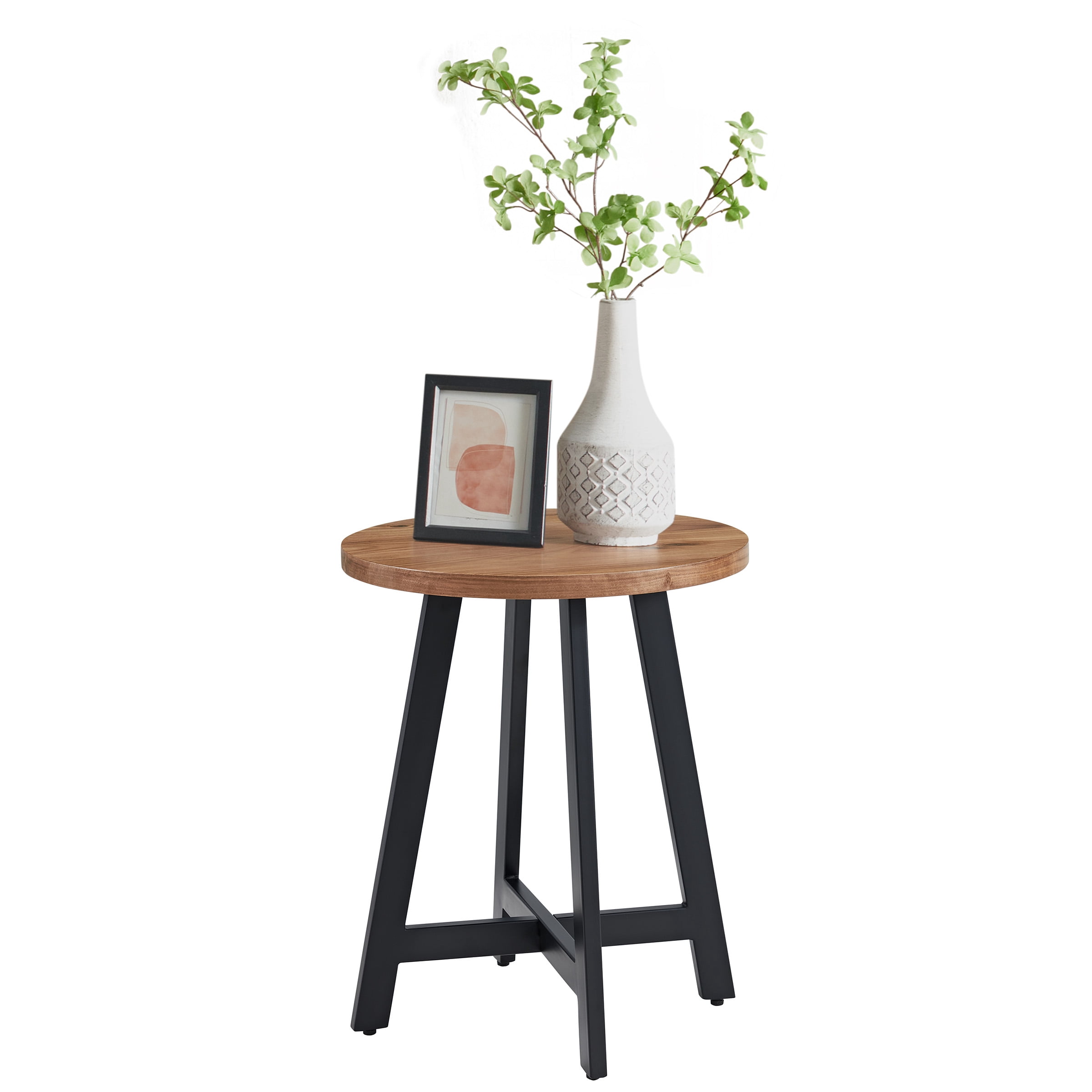 Lavish Home Set of 2 Modern Round End Tables with Metal Bases (Walnut)