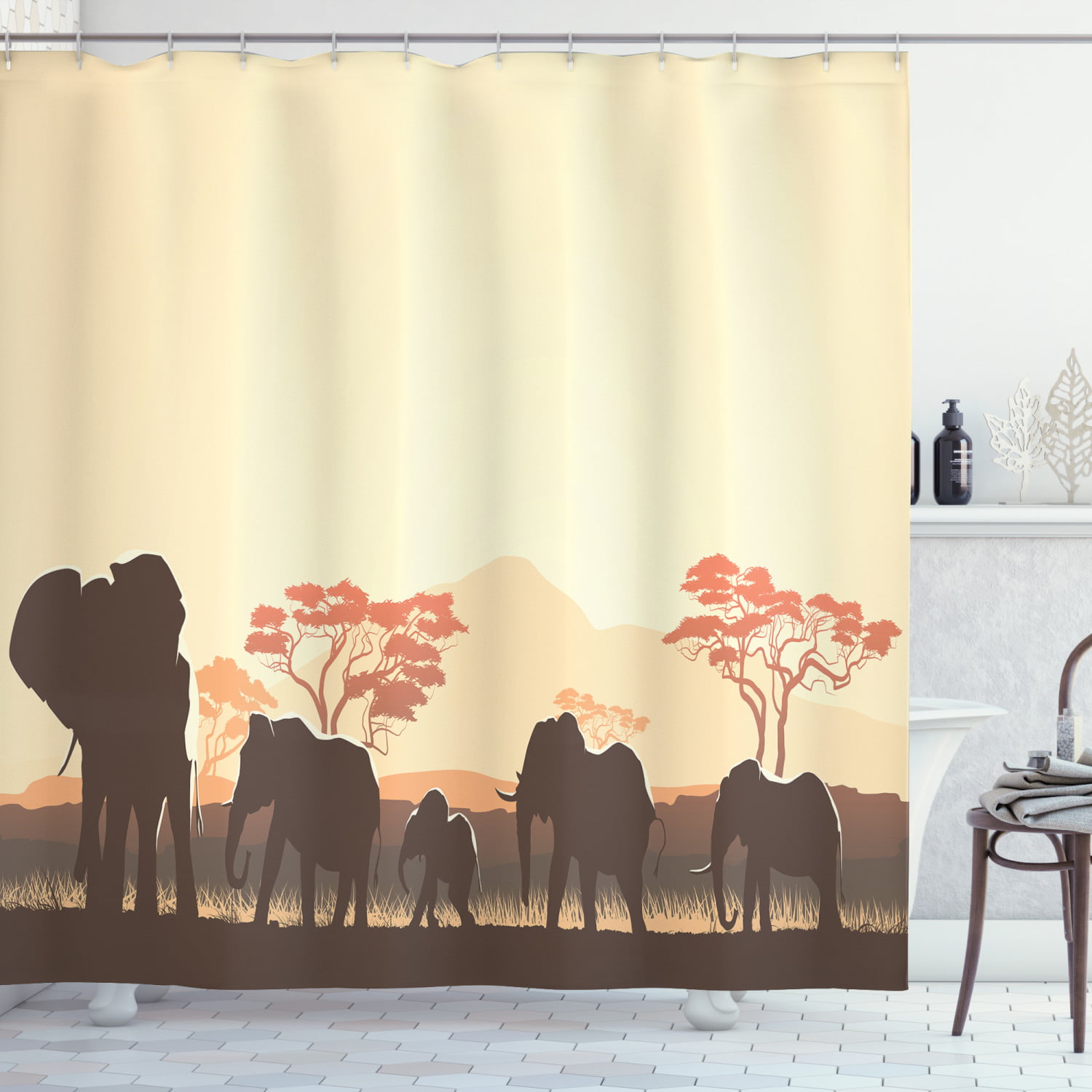 Animal theme Shower Curtain Elephants and grasslands print for Bathroom 71inch 