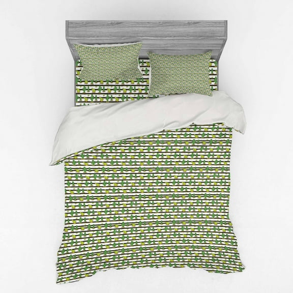 Ambesonne Cactus Bedding Set 4 Pcs, Cartoon Saguaro Striped Art, Queen, Olive Green Apricot
