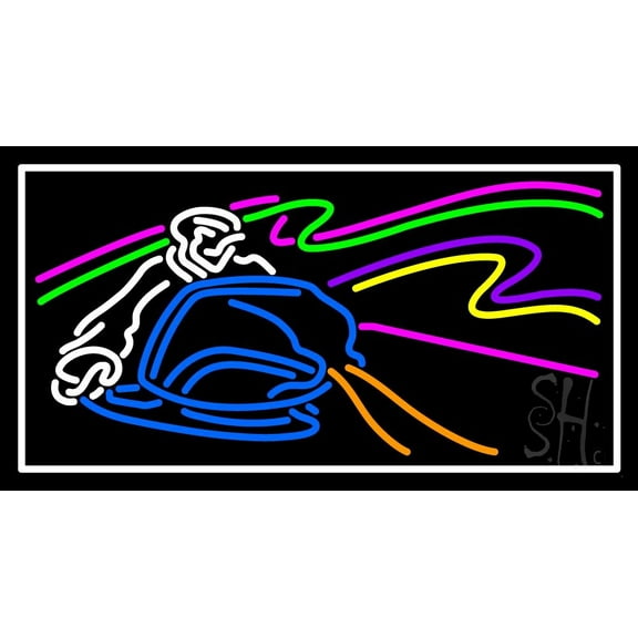 Man With Computer And White Border Logo LED Neon Sign 13 x 24 - inches, Clear Edge Cut Acrylic Backing, with Dimmer - Bright and Premium built indoor LED Neon Sign for Computer & Electronics store.