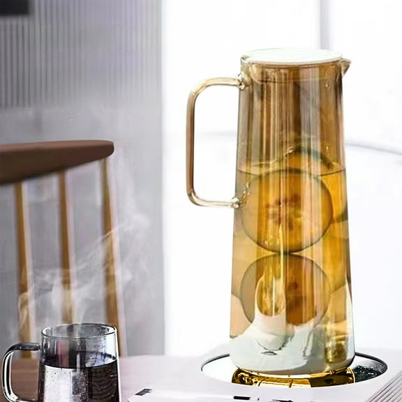 COM1950s Large Capacity Glass Pitcher,10 Inch Borosilicate Cold Water Pitcher for Refrigerator,Iced Tea Jug with Push Lid & Sturdy Handle,Beverage Dispenser for Lemonade and Infused Water