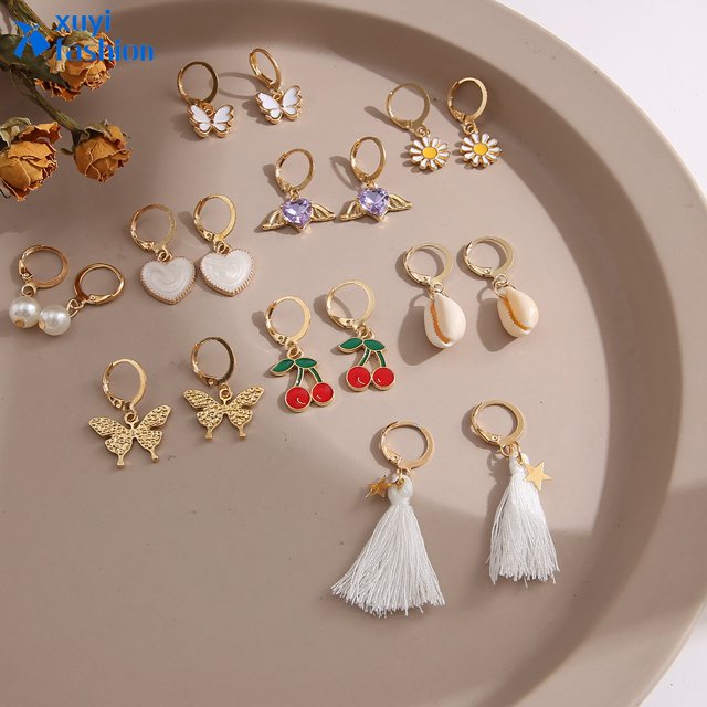 9 Unids/set Elegantes Pendientes De Perlas De Oro Gota Corazón Mariposa Cereza Cristal Mujeres Accesorios De Joyería