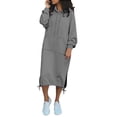 thumbnail image 1 of Vestido largo informal holgado con capucha y bolsillos para mujer - Vestido sudadera de felpa, capucha con cordón, abertura lateral, adecuado para otoño/invierno, tallas S-XXXXXL, 1 of 5